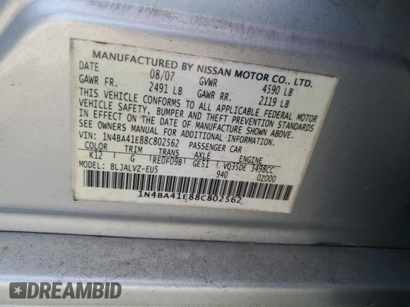 2008 Nissan Maxima 3.5 SE with VIN 1N4BA41E88C802562, listed as a Copart auction lot 69215894 with 275,241 mi miles and Salvage Title. Bid and sale history available at carsss.com. Image 14.