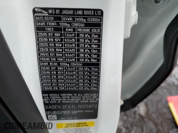 2020 Jaguar E-Pace z VIN SADFK2FX4L1005872, wystawiony jako Copart lot #44300465 z przebiegiem 52 262 mil mil oraz Szkoda całkowita • Salvage title. Historia ofert i sprzedaży dostępna na DreamBid. Obrazek 12.
