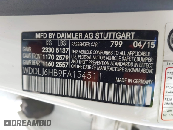 2015 Mercedes-Benz CLS 400 with VIN WDDLJ6HB9FA154511, listed as a IAAI auction lot 42155412 with 88,386 mi miles and . Bid and sale history available at DreamBid. Image 9.