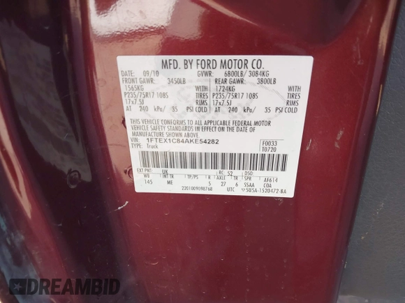 2010 Ford F-150 XL with VIN 1FTEX1C84AKE54282, listed as a IAAI auction lot 41155347 with 162,942 mi miles. Bid and sale history available at carsss.com. Image 9.