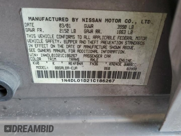 2001 Nissan Altima GXE with VIN 1N4DL01D21C186267, listed as a Copart auction lot 80228694 with 145,442 mi miles and Salvage Title. Bid and sale history available at carsss.com. Image 12.