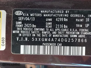 2013 Kia Optima LX with VIN 5XXGM4A74DG257866, listed as a IAAI auction lot 40975293 with 190,173 mi miles. Bid and sale history available at carsss.com. Image 9.