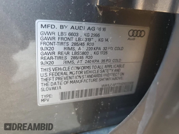 2017 Audi Q7 Premium Plus with VIN WA1LAAF77HD022306, listed as a Copart auction lot 47465505 with 0 mi miles and Non Repairable. Bid and sale history available at carsss.com. Image 13.