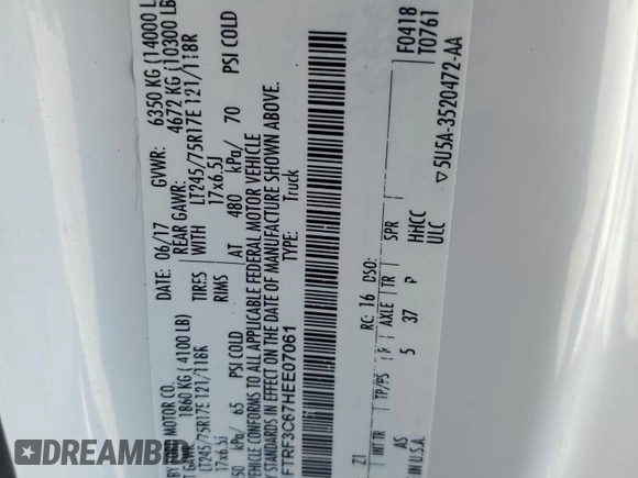 2017 Ford F-350 с VIN 1FTRF3C67HEE07061, выставлен на аукционе Copart как лот 46672235 с пробегом 122 716 миль миль и Списание • Salvage title. История ставок и продаж доступна на DreamBid. Изображение 13.