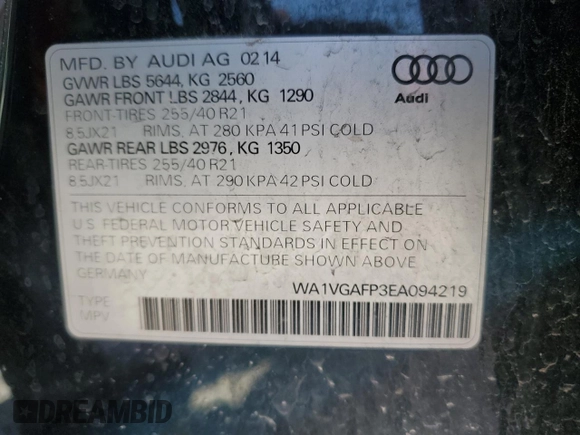 2014 Audi SQ5 Prestige with VIN WA1VGAFP3EA094219, listed as a Copart auction lot 53714945 with Not provided miles and Salvage title. Bid and sale history available at DreamBid. Image 12.