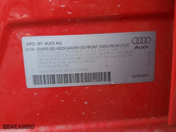2004 Audi A4 1.8T with VIN WAUVC68E34A262690, listed as a Copart auction lot 50003165 with 113,996 mi miles and Salvage Title. Bid and sale history available at carsss.com. Image 14.