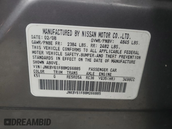 2008 Infiniti G35 x with VIN JNKBV61F88M266885, listed as a Copart auction lot 76283264 with 199,619 mi miles and Salvage Title. Bid and sale history available at DreamBid. Image 12.
