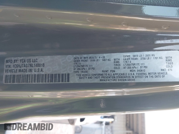 2022 Jeep Gladiator Texas Trail с VIN 1C6HJTAG7NL148818, выставлен на аукционе IAAI как лот 41870129 с пробегом 23 342 миль миль и . История ставок и продаж доступна на DreamBid. Изображение 9.