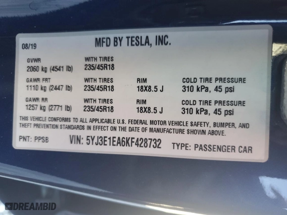 2019 Tesla Model 3 Mid Range with VIN 5YJ3E1EA6KF428732, listed as a Copart auction lot 80983794 with 54,772 mi miles and Salvage Title. Bid and sale history available at carsss.com. Image 13.