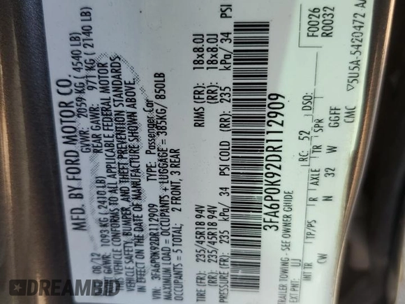 2013 Ford Fusion Titanium with VIN 3FA6P0K92DR112909, listed as a Copart auction lot 75274464 with 154,094 mi miles and Salvage Title. Bid and sale history available at DreamBid. Image 12.