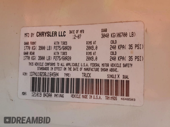 2008 Dodge 1500 ST with VIN 1D7HU18238J164504, listed as a Copart auction lot 51635295 with 147,744 mi miles and Salvage Title. Bid and sale history available at DreamBid. Image 13.