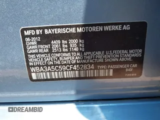 2012 BMW 3 Series 328i with VIN WBA3A5C59CF452834, listed as a IAAI auction lot 42313497 with 177,718 mi miles and . Bid and sale history available at DreamBid. Image 9.