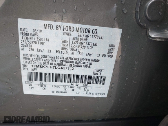 2020 Ford Explorer Limited с VIN 1FMSK7FH7LGA27342, выставлен на аукционе IAAI как лот 42116008 с пробегом 21 235 миль миль и . История ставок и продаж доступна на DreamBid. Изображение 9.