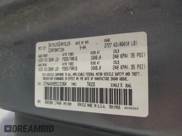 2005 Dodge Dakota SLT с VIN 1D7HW42N95S131964, выставлен на аукционе Copart как лот 53836925 с пробегом 117 094 миль миль и Списание • Salvage title. История ставок и продаж доступна на DreamBid. Изображение 12.