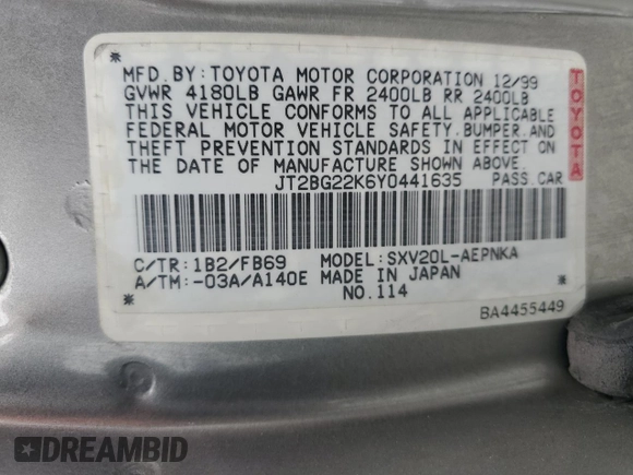 2000 Toyota Camry CE with VIN JT2BG22K6Y0441635, listed as a Copart auction lot 53203655 with 186,022 mi miles and Clean Title. Bid and sale history available at DreamBid. Image 12.