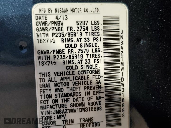 2013 Nissan Murano SV with VIN JN8AZ1MW1DW316898, listed as a Copart auction lot 68384324 with 124,154 mi miles and Non Repairable. Bid and sale history available at carsss.com. Image 14.