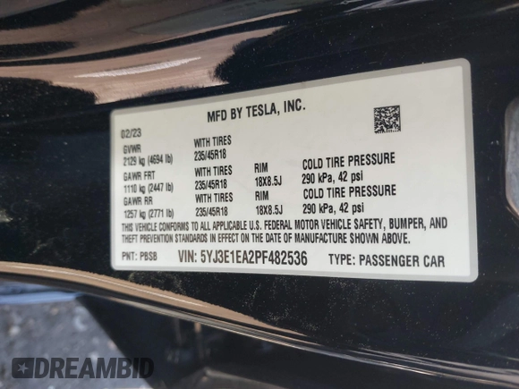 2023 Tesla Model 3 with VIN 5YJ3E1EA2PF482536, listed as a IAAI auction lot 41858110 with 6,298 mi miles. Bid and sale history available at carsss.com. Image 9.