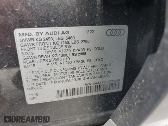 2023 Audi Q5 Sportback S line Premium with VIN WA14AAFY8P2074065, listed as a Copart auction lot 56874145 with 16,659 mi miles and Salvage title. Bid and sale history available at DreamBid. Image 12.