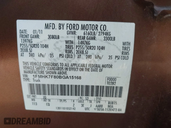 2011 Ford Explorer Limited with VIN 1FMHK7F80BGA15168, listed as a IAAI auction lot 42494868 with 156,634 mi miles and . Bid and sale history available at DreamBid. Image 9.