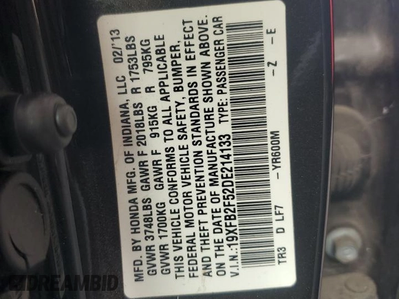 2013 Honda Civic LX with VIN 19XFB2F52DE214133, listed as a Copart auction lot 53840825 with 133,959 mi miles and Salvage Title. Bid and sale history available at DreamBid. Image 12.