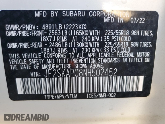 2022 Subaru Forester Limited с VIN JF2SKAPC8NH502452, выставлен на аукционе Copart как лот 54013705 с пробегом Не указан миль и Списание • Salvage title. История ставок и продаж доступна на DreamBid. Изображение 14.