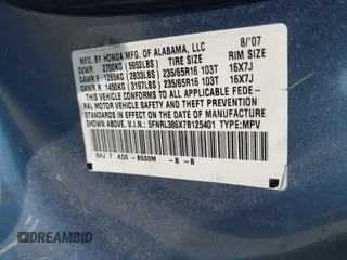 2007 Honda Odyssey EX-L с VIN 5FNRL386X7B125401, выставлен на аукционе IAAI как лот 42481399 с пробегом Не указан миль и . История ставок и продаж доступна на DreamBid. Изображение 9.