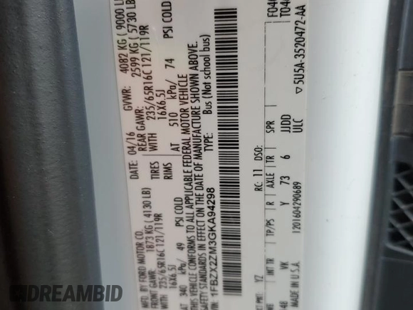 2016 Ford Transit XL z VIN 1FBZX2ZM3GKA94298, wystawiony jako Copart lot #55759955 z przebiegiem 170 804 mil mil oraz Czysty tytuł • Clean title. Historia ofert i sprzedaży dostępna na DreamBid. Obrazek 13.