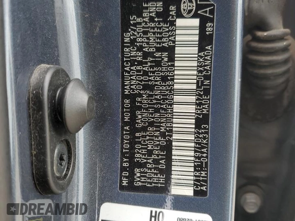 2016 Toyota Corolla L with VIN 2T1BURHE0GC581601, listed as a Copart auction lot 53386295 with 79,671 mi miles and Salvage title. Bid and sale history available at DreamBid. Image 12.