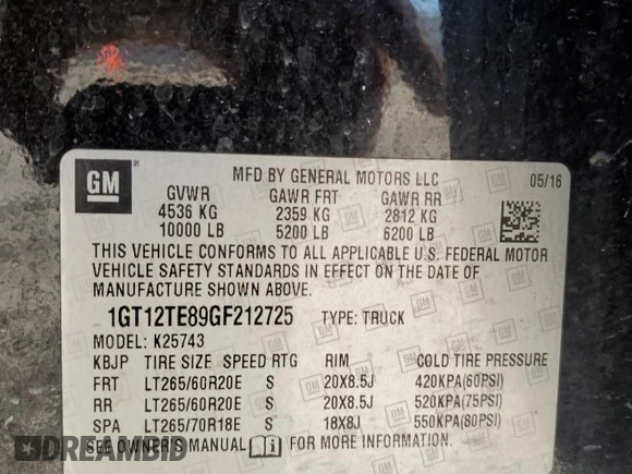 2016 GMC Sierra 2500HD SLT z VIN 1GT12TE89GF212725, wystawiony jako Copart lot #50410905 z przebiegiem 124 706 mil mil oraz Szkoda całkowita • Salvage title. Historia ofert i sprzedaży dostępna na DreamBid. Obrazek 15.