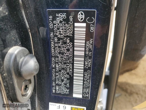 2016 Toyota Prius Four with VIN JTDKARFUXG3008099, listed as a Copart auction lot 51839125 with 117,292 mi miles and Clean Title. Bid and sale history available at carsss.com. Image 12.