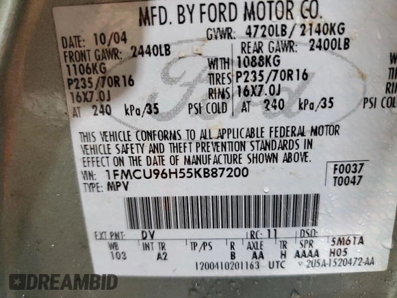 2005 Ford Escape Hybrid with VIN 1FMCU96H55KB87200, listed as a Copart auction lot 44643455 with Not provided miles and Salvage title. Bid and sale history available at DreamBid. Image 13.