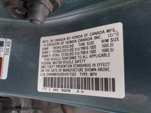 2014 Honda CR-V LX with VIN 2HKRM3H32EH517323, listed as a IAAI auction lot 42020715 with 121,389 mi miles. Bid and sale history available at carsss.com. Image 9.