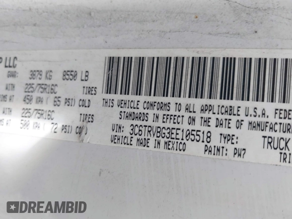 2014 Ram ProMaster Cargo with VIN 3C6TRVBG3EE105518, listed as a IAAI auction lot 41673098 with 201,978 mi miles and . Bid and sale history available at DreamBid. Image 9.