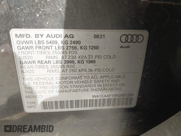 2022 Audi Q5 S line Premium Plus with VIN WA1EAAFY8N2001294, listed as a IAAI auction lot 42044244 with 56,967 mi miles and . Bid and sale history available at DreamBid. Image 9.
