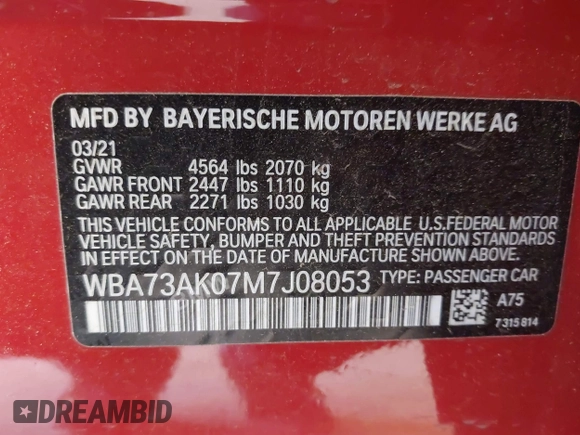 2021 BMW 2 Series 228i xDrive with VIN WBA73AK07M7J08053, listed as a IAAI auction lot 42357914 with 59,537 mi miles and . Bid and sale history available at DreamBid. Image 9.