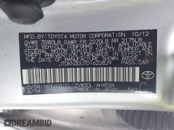 2013 Toyota Prius One with VIN JTDKN3DU7D1622829, listed as a IAAI auction lot 42073456 with 93,390 mi miles. Bid and sale history available at carsss.com. Image 9.