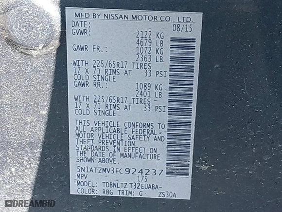 2015 Nissan Rogue SV with VIN 5N1AT2MV3FC924237, listed as a IAAI auction lot 41697027 with 139139 miles. Bid and sale history available at carsss.com. Image 9.