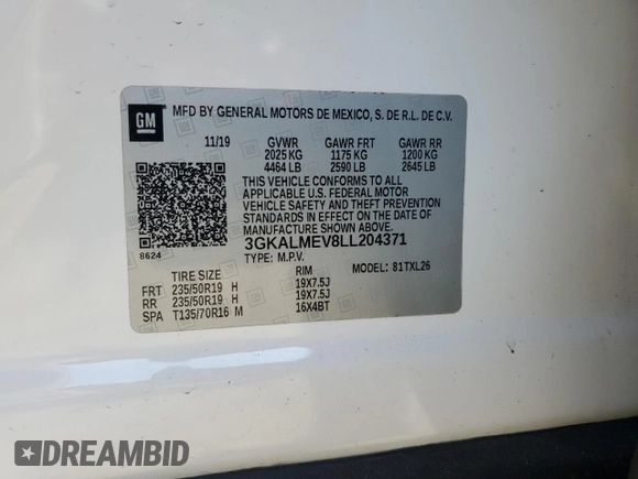 2020 GMC Terrain SLE with VIN 3GKALMEV8LL204371, listed as a Copart auction lot 52436975 with 93,052 mi miles and Salvage Title. Bid and sale history available at DreamBid. Image 15.
