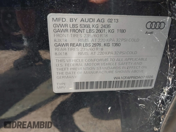 2013 Audi Q5 Premium with VIN WA1CFAFP8DA071026, listed as a IAAI auction lot 42743732 with 207,041 mi miles and . Bid and sale history available at DreamBid. Image 9.