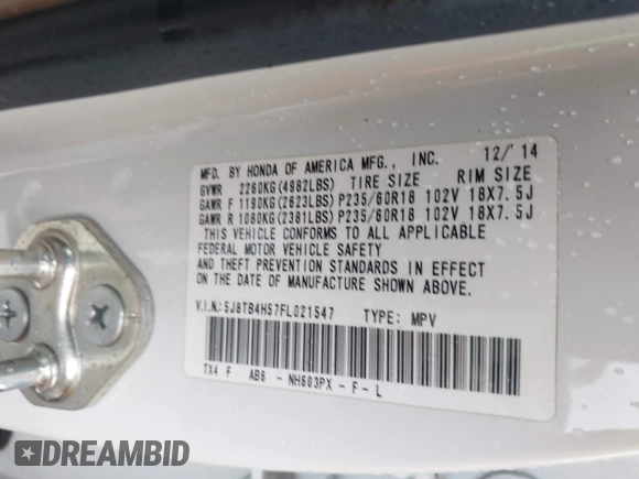 2015 Acura RDX Tech Pkg with VIN 5J8TB4H57FL021547, listed as a IAAI auction lot 41978867 with 104,719 mi miles. Bid and sale history available at carsss.com. Image 9.