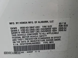 2018 Honda Pilot Touring z VIN 5FNYF6H99JB028034, wystawiony jako Copart lot #45143085 z przebiegiem 70 060 mil mil oraz Szkoda całkowita • Salvage title. Historia ofert i sprzedaży dostępna na DreamBid. Obrazek 13.