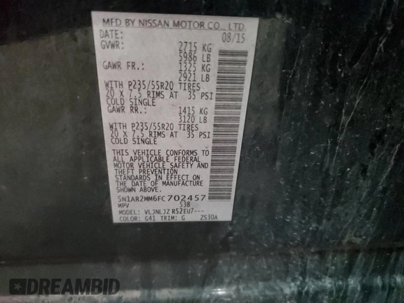 2015 Nissan Pathfinder Platinum z VIN 5N1AR2MM6FC702457, wystawiony jako Copart lot #55302175 z przebiegiem 132 255 mil mil oraz Szkoda całkowita • Salvage title. Historia ofert i sprzedaży dostępna na DreamBid. Obrazek 13.