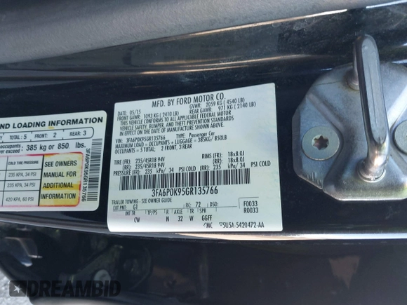 2016 Ford Fusion Titanium with VIN 3FA6P0K95GR135766, listed as a IAAI auction lot 41735040 with 99,256 mi miles. Bid and sale history available at carsss.com. Image 9.