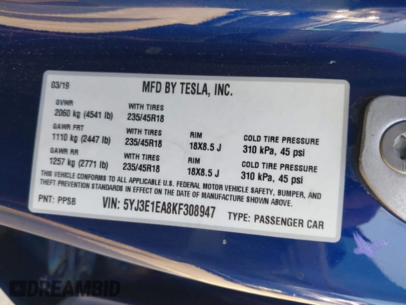 2019 Tesla Model 3 Mid Range z VIN 5YJ3E1EA8KF308947, wystawiony jako IAAI lot #39617997 z przebiegiem 70 831 mil mil oraz . Historia ofert i sprzedaży dostępna na DreamBid. Obrazek 9.