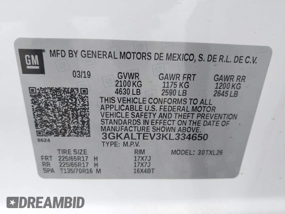 2019 GMC Terrain SLE z VIN 3GKALTEV3KL334650, wystawiony jako IAAI lot #42676507 z przebiegiem 74 280 mil mil oraz . Historia ofert i sprzedaży dostępna na DreamBid. Obrazek 9.