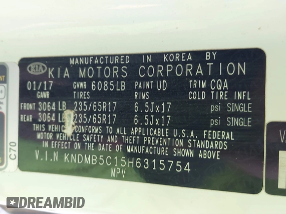 2017 Kia Sedona LX with VIN KNDMB5C15H6315754, listed as a IAAI auction lot 41428668 with 46,023 mi miles. Bid and sale history available at carsss.com. Image 9.