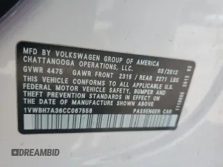2012 Volkswagen Passat SE с VIN 1VWBH7A36CC067558, выставлен на аукционе Copart как лот 58307045 с пробегом 137 527 миль миль и Списание • Salvage title. История ставок и продаж доступна на DreamBid. Изображение 12.