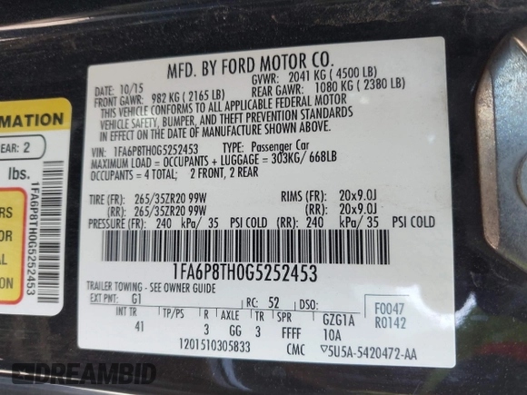 2016 Ford Mustang EcoBoost with VIN 1FA6P8TH0G5252453, listed as a IAAI auction lot 42002358 with 107,235 mi miles and . Bid and sale history available at DreamBid. Image 9.