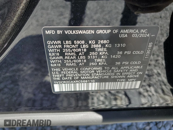 2024 Volkswagen Atlas Peak Edition SE z VIN 1V2CR2CAXRC568110, wystawiony jako Copart lot #48893395 z przebiegiem 10 441 mil mil oraz Nie do naprawy • Non repairable. Historia ofert i sprzedaży dostępna na DreamBid. Obrazek 13.