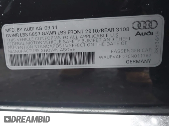 2012 Audi A8 L with VIN WAURVAFD7CN011767, listed as a IAAI auction lot 41848096 with 98,397 mi miles. Bid and sale history available at carsss.com. Image 9.
